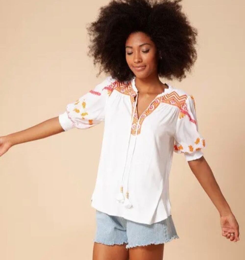 Hale Bob Aleja Embroidered Crinkle Gauze Top Red / Orange Women's M